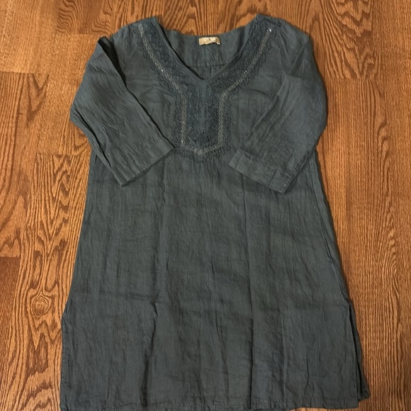Carla Conti 100% linen mini dress 3/4 sleeve embroidered beaded front ITALY sz S - Picture 13 of 13